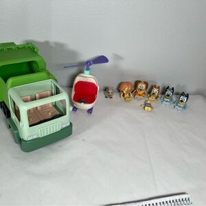 Bluey toy lot, garbage truck, helicopter and figures